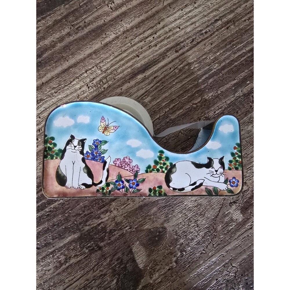 Vintage Cute Cat Tape Dispenser - Hand-Painted Enamel Kitty Desk Organizer -...